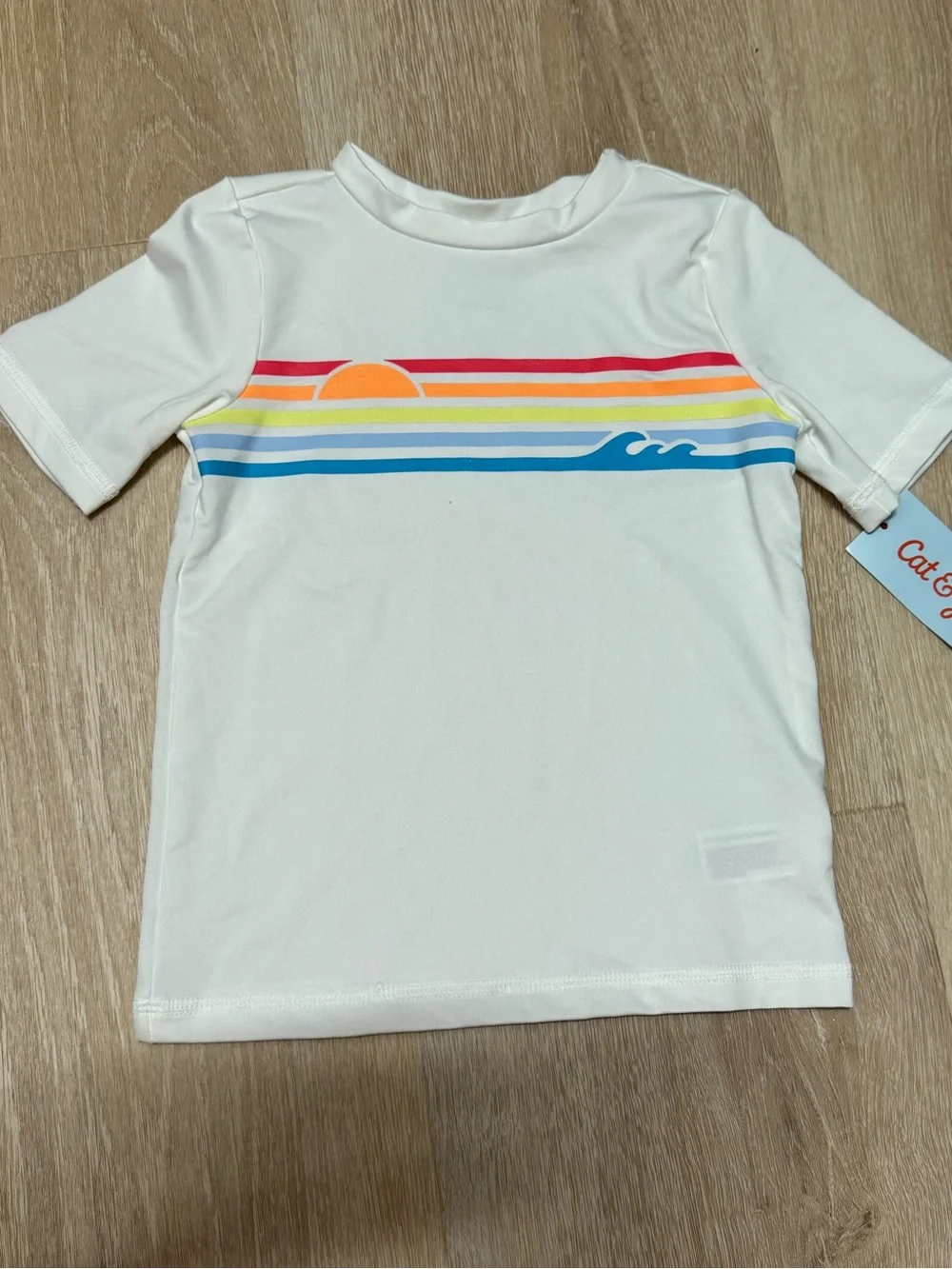 Cat & Jack Cream Short-Sleeve Rash Guard with Rainbow Sunset Stripes
